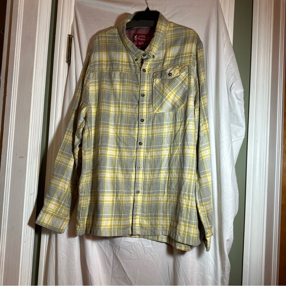 John Browning Flannel Shirt Mens 2XL Gray Yellow Plaid Button Up Outdoor Hunting